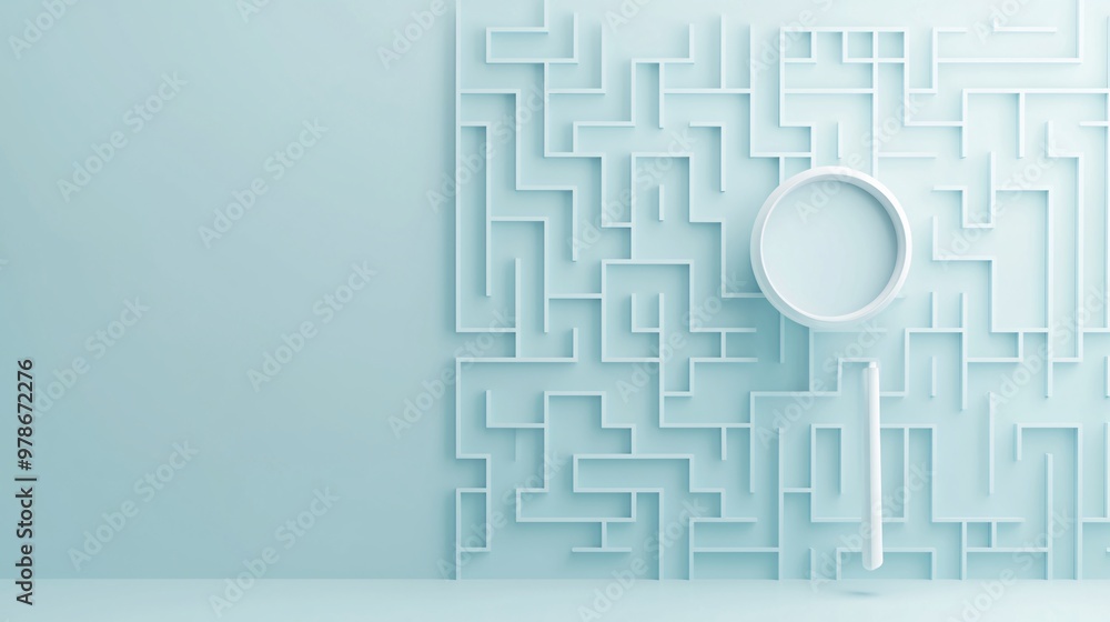 Poster a 3d maze with a search bar hovering above, guiding users to the right path, symbolizing navigation 