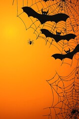 A Spooky Halloween Background Featuring Bats and Spider Webs Against a Bright Orange Canvas