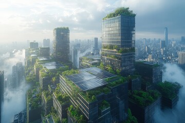 Modern cityscape with buildings equipped with solar panels on the roofs. Generative AI