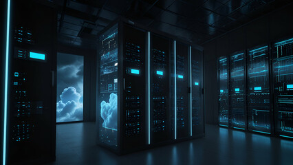 Futuristic cloud storage concept with glowing lines, data center elements, and cloud icons.