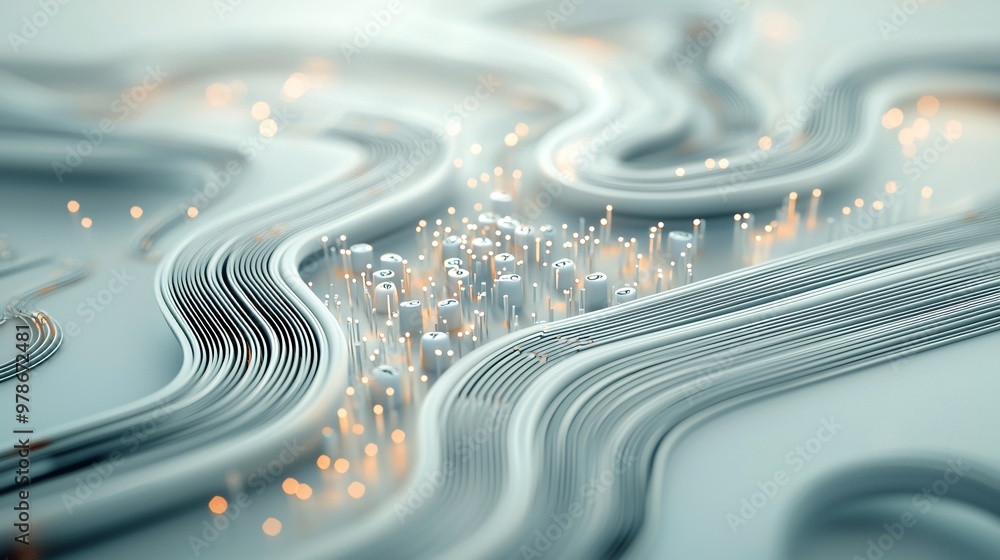Poster a 3d search engine with data streams flowing into a central point, symbolizing information gathering