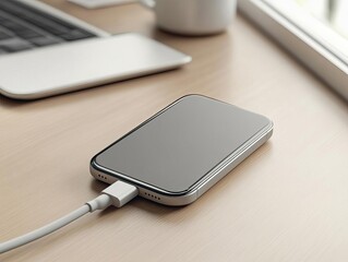 Long shot of a phone charger, placed on a sleek modern desk, photorealistic rendering, shadows perfectly cast, minimalist aesthetic, crisp and clear details