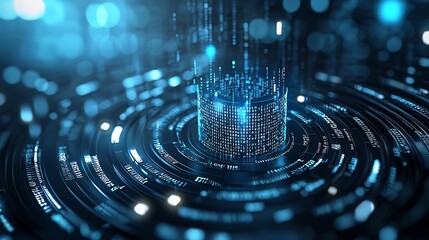 A 3D search engine with data streams flowing into a central point, symbolizing information gathering and analysis