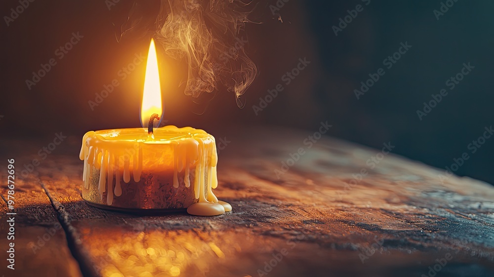 Poster a close-up of a burning candle on a rustic wooden surface, casting a warm glow and creating a serene