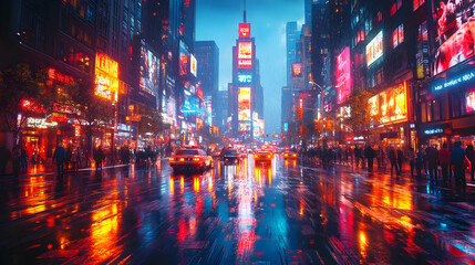 Fototapeta premium Neon Cityscape Illustration - Wet Streets, Illuminated Buildings, Digital Art