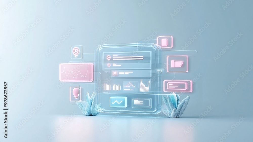 Poster a 3d user interface with search filters hovering in space, allowing users to refine their search, sy