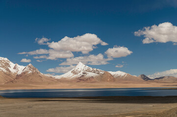 Plateau lakes and snow capped mountains in Xinjiang Autonomous Region, China