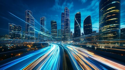 Fototapeta premium Techno Motion: Abstract Moscow Skyline with Blue Neon Light Trails at High Speed under Dusk Sky