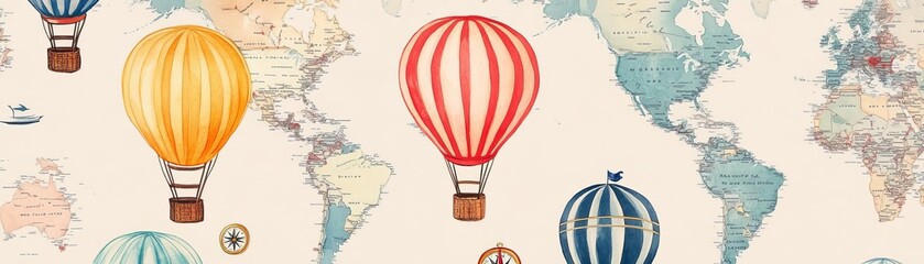 Naklejka premium Wide-angle, intricate travel map, vibrant colors, vintage style, detailed landmarks, drawn in watercolor, world exploration theme, hot air balloons, compasses, old-world charm