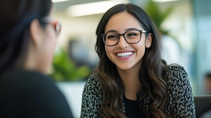 A friendly bank employee smiling while discussing loan options with a customer in a modern bank office.