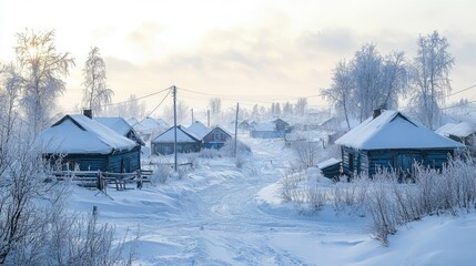 A frozen landscape of Oymyakon, Russia, the coldest inhabited place on Earth, with snow-covered houses and barren trees.