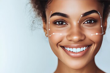 Close up of a smiling woman with digital facial grid symbolizing futuristic beauty AI integration and digital empowerment