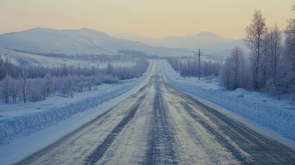 A frozen road in Oymyakon, Russia, stretching into the distance, with snow covering the landscape.
