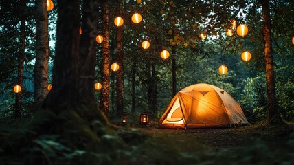 A cozy camping scene featuring a glowing tent surrounded by illuminated lanterns in a serene forest setting at dusk.