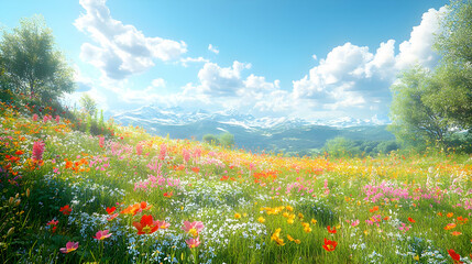 Summer Meadow with Colorful Flowers and Mountain Background Illustration