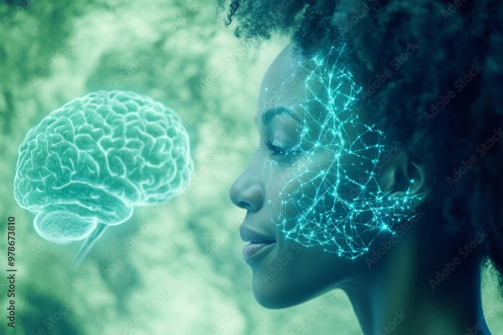 Poster side profile of a woman with digital brain overlay representing cognitive processes ai powered advan