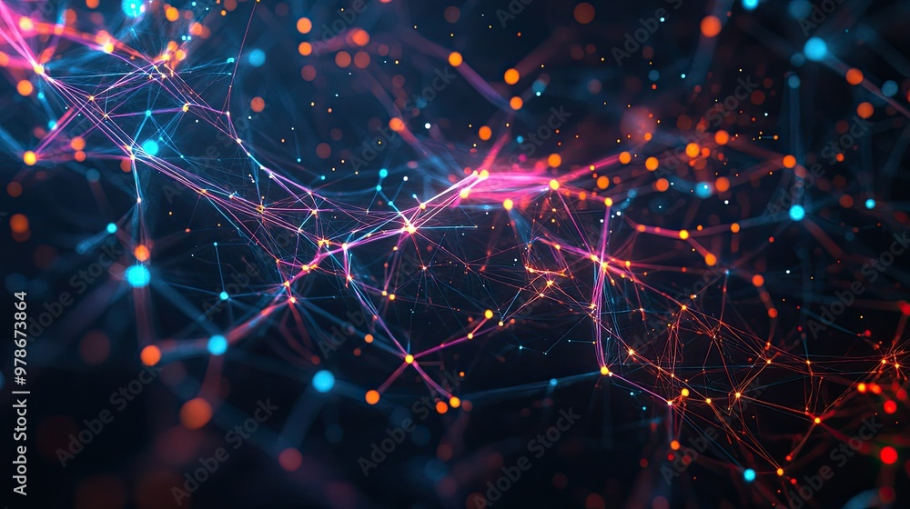 Poster a futuristic depiction of ai neural connections, with vibrant lines forming pathways in a dark space