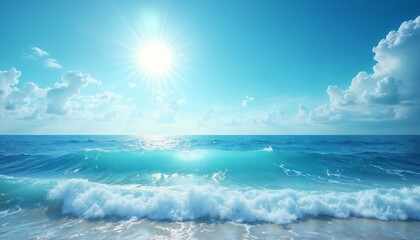 Obraz premium a beautiful ocean wave and sun, against a blue sky background, a paradise seascape