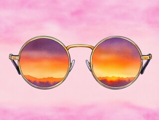 Close-up shot of vintage, round, gold-rimmed sunglasses, lenses catching the sunsets warm hues, watercolor illustration with soft gradients and elegant brush strokes
