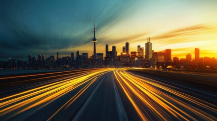 Fototapeta premium Dynamic Toronto Skyline with Yellow Light Trails in Motion Blur Signifying Urban Advancement at Sunset