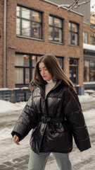 Fototapeta premium Young woman wearing a black down jacket walks on a snowy street in an urban area. Brick building background. Winter fashion concept.