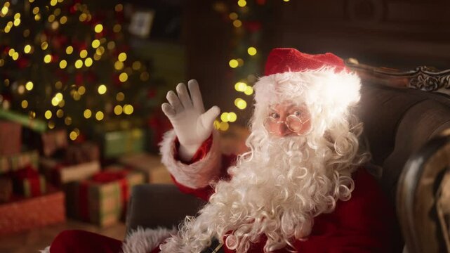 Santa Claus telling fairytales, congratulations and greeting, portrait in home. Old man in Santa costume talking to camera, sitting alone in armchair in cozy decorated room in Xmas eve, slow motion