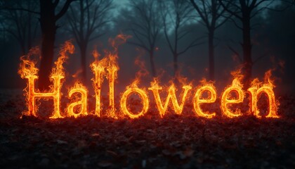 Halloween inscription from a fire burning in the night forest