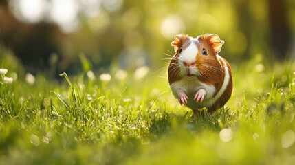 Obraz premium A guinea pig running through a field of fresh, green grass, enjoying the outdoors.