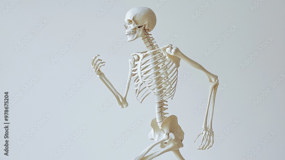 Poster a detailed human skeleton model in motion, showcasing the structure and anatomy while running agains