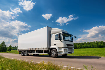 A white truck is driving on the road against the background of a summer landscape