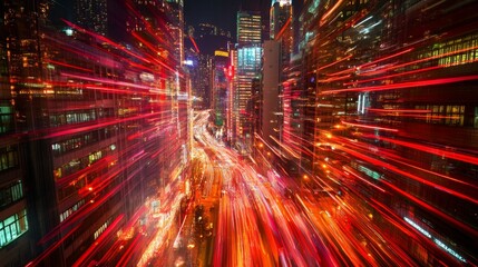 Fototapeta premium Dynamic Hong Kong skyline with red light trails, symbolizing speed and innovation in modern city, vibrant urban night view