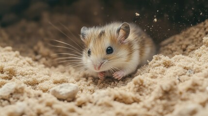 A hamster digging through a pile of bedding or sand, with a focus on its tiny paws and active behavior.