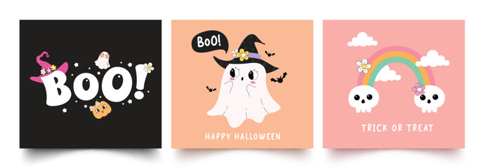 Halloween greeting card vector set design. Halloween invitation card in simple colorful background with spooky elements and ghost cartoon character. Vector illustration greeting card  trick or treat 