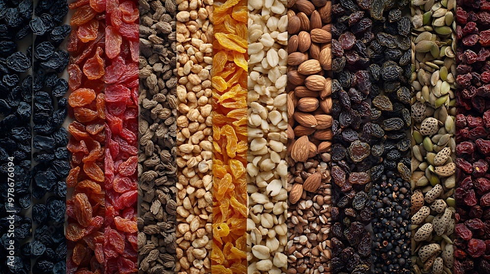 Aufkleber Dried Fruits and Nuts Background Texture Top View : Generative AI