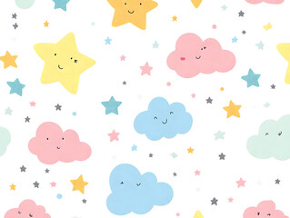 Adorable Cloud and Stars Pattern with Pastel Colors for Kids' Decor and Design