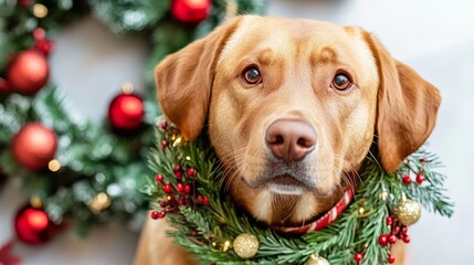 Labrador Retriever dog adorned with a festive wreath and surrounded by holiday decorations, set...