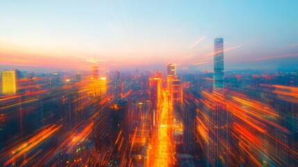 Fototapeta premium Modern Beijing Cityscape with Vibrant Neon Light Trails in Motion Blur at Dusk
