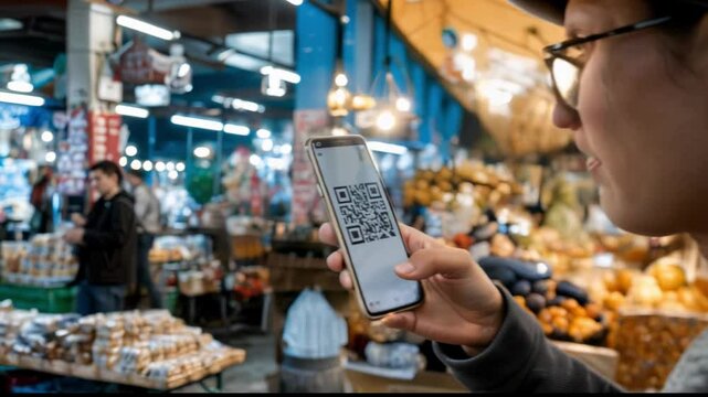 In 4K, a person uses their phone to scan a QR code for a cryptocurrency transaction amidst the vibrant activity of a busy market, highlighting modern digital payment methods in everyday commerce.