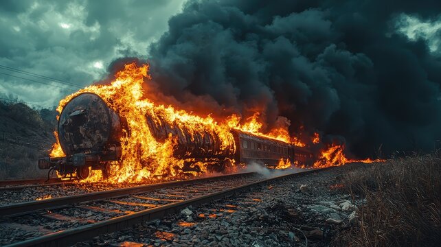 A dramatic scene of a burning train on the tracks, surrounded by dark clouds and thick smoke, capturing a moment of intense disaster.