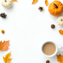 Autumn flat lay with pumpkins, coffee, leaves, and pinecones, cozy fall atmosphere and seasonal decor