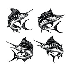 Marlin Fish Illustration vector Set, Hand Sketched in Black Outline