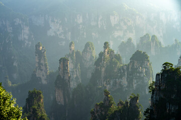 Misty rock pillars and mountain landscape in Zhangjiajie, Hunan Province, China