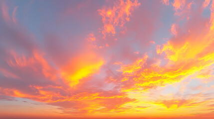 Obraz premium Golden and Pink Clouds Fill the Sky in a Vibrant Sunset, with the Sun Setting on the Horizon, Creating a Dramatic and Beautiful Scene