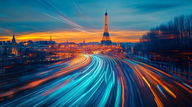 Futuristic Parisian Metropolis: Blue Neon Speed Lines in Urban Motion Blur at Sunset