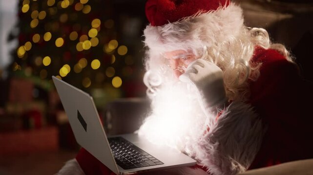 Santa Claus reading letters by laptop, touching eyeglasses and looking at screen . Amazed emotional wizard with portable computer sitting alone in decorated living room in his home, portrait shot