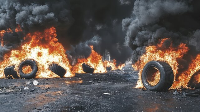 A dramatic scene of burning tires creating smoke and flames, symbolizing chaos and unrest in urban environments.
