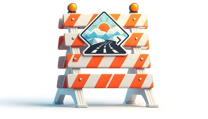 White and orange road closed barricade sign isolated on white background. Safety and restriction concept