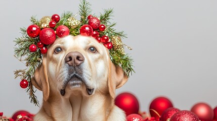 Labrador Retriever dog adorned with a festive wreath and surrounded by holiday decorations, set...