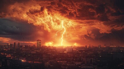 A dramatic sunset over a city, with ominous clouds and striking lightning illuminating the skyline in fiery hues.