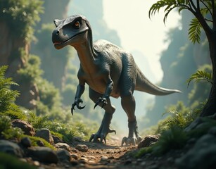 Prehistoric Raptor Dinosaur Roaming in Ancient Landscape